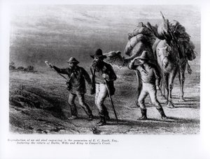 1838 оны 3-р сарын 1-нд Берк, Виллс, Кинг нар Куперс Крик рүү буцаж ирсэн нь (ган сийлбэр)